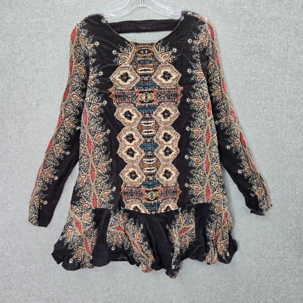 Free People Women Dress Small Black Smooth Talker Boho Mini Aztec Long Sleeve